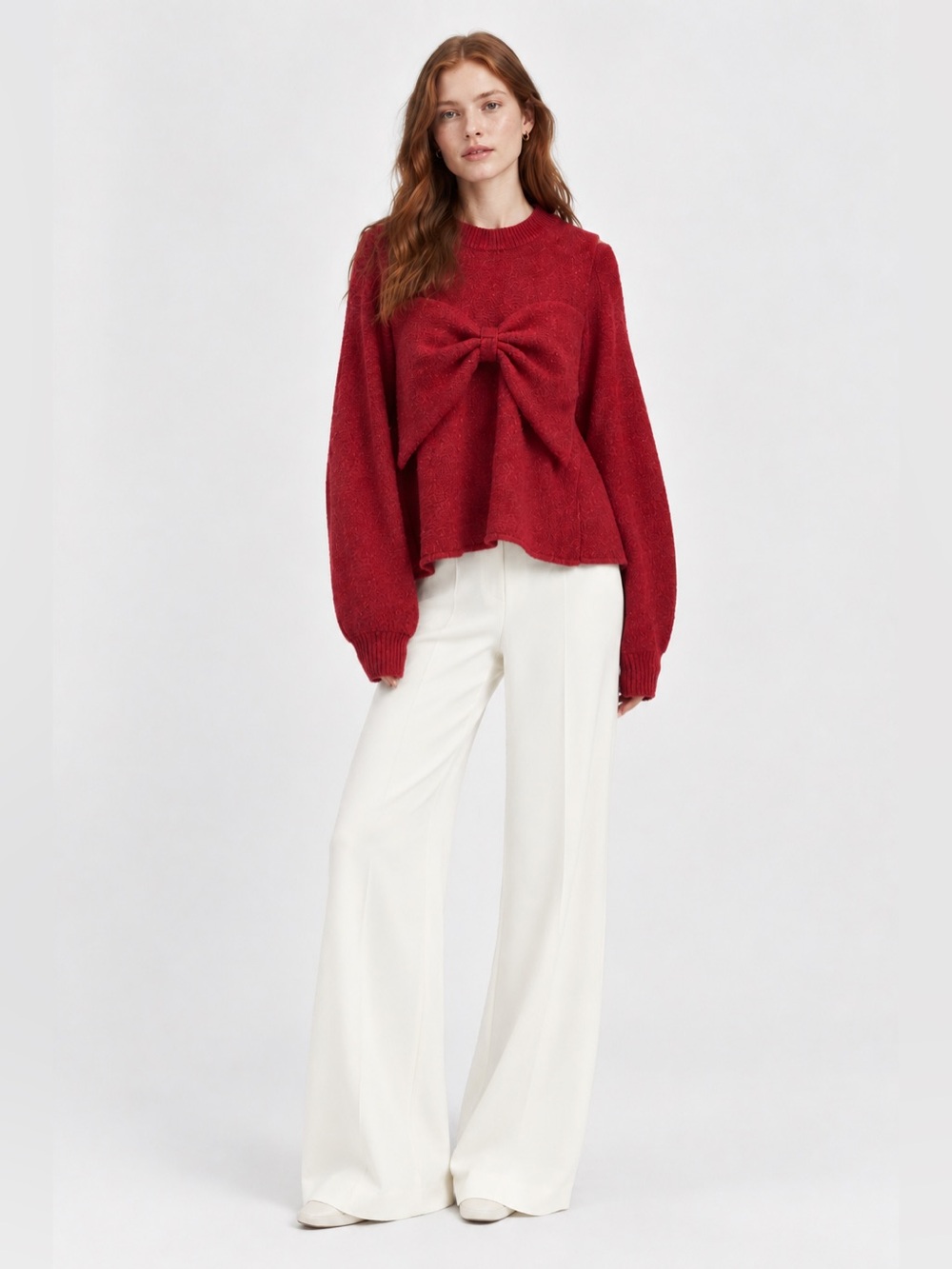 'Going Out Top' Oversize Red Bow Cold Open Shoulder Marled Knit Sweater | LARGE